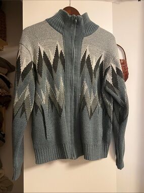 Zip-Up Geometric Knit Sweater Cardigan - Blue